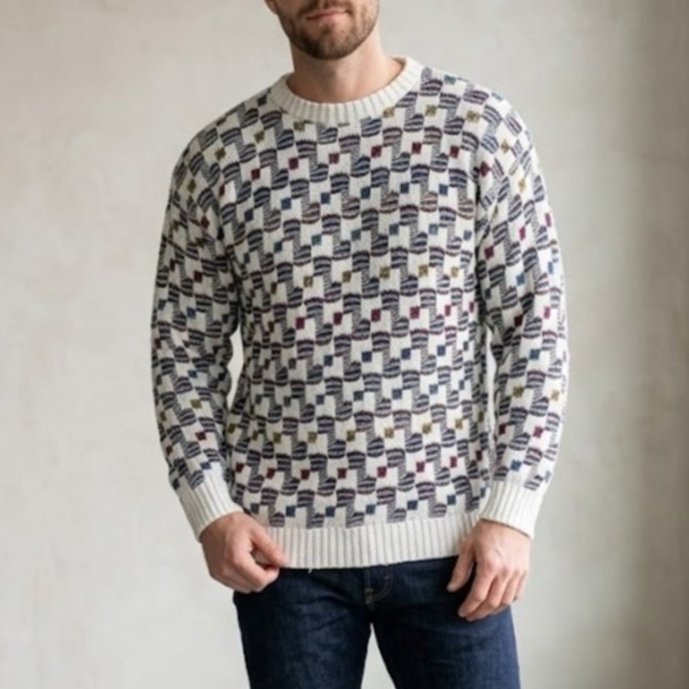 VTG 90s Crossings USA Men's Knit Fairisle Sweater L 100% Cotton Grandma Cabin